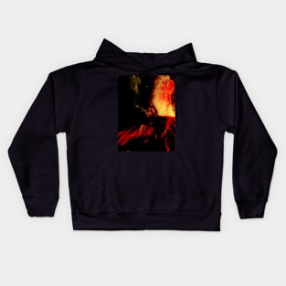 Portrait, digital collage, special processing. Vampire. Monster is looking on you, blood splatters. Yellow and red. Bright. Kids Hoodie